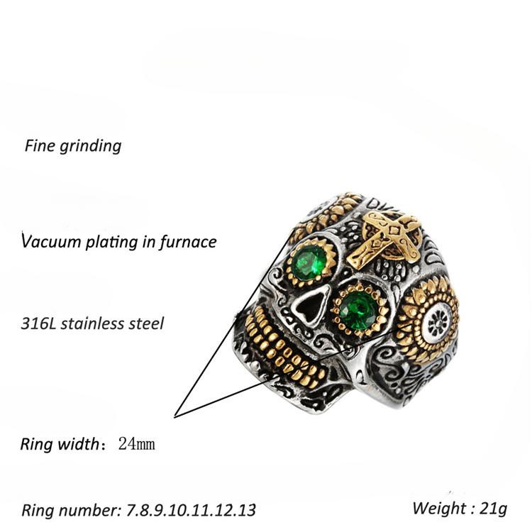 טבעת גולגולת רטרו אירופאית ואמריקאית מפלדת טיטניום תכשיטים לגברים מותאמים אישית חרוטים גבאלה ראש רוח מפלדת אל-חלד טבעת עין ירוקה