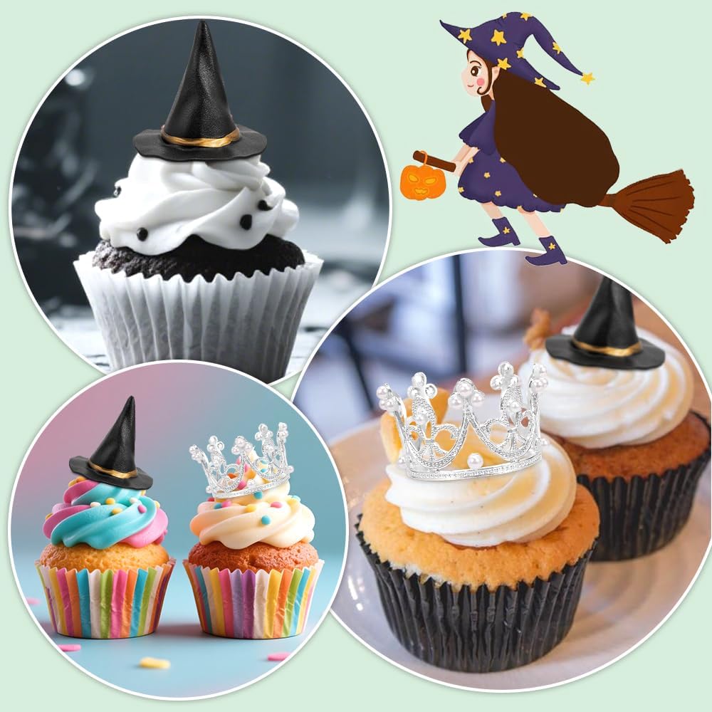 Green and Pink Balls Cake Topper, Silver Crown and Witch Hat Cupcake Topper Decoration for Birthday's Party Decorations