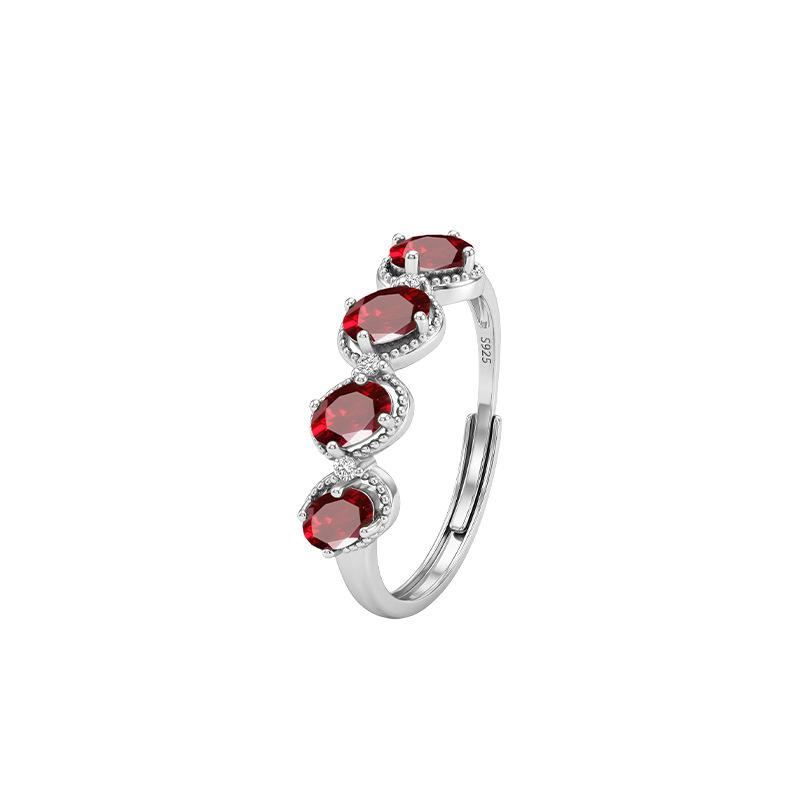 Korean version ins wind S925 silver treasure ring natural garnet crystal stone row inlaid with versatile girlfriend open ring opening adjustable