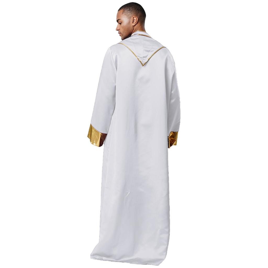 Mens Priest Robe Costume Stand Collar Long Sleeve Front Zip Design Gold Cross Cassock Catholic Halloween Cosplay Vestments