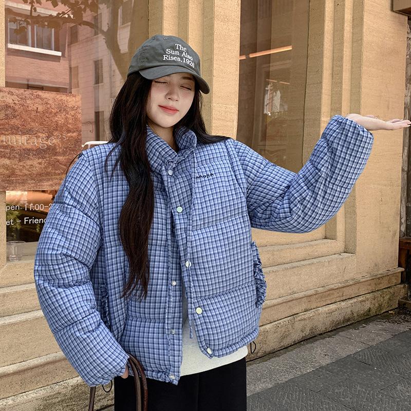 Blue plaid stand-up collar warm short down cotton-padded jacket for women's 2025 winter loose and thickened plaid cotton-padded jacket