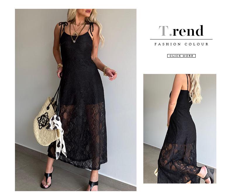 European and American Strappy Lace See-through Square Neck Slimming Long Dress for Spring and Summer.