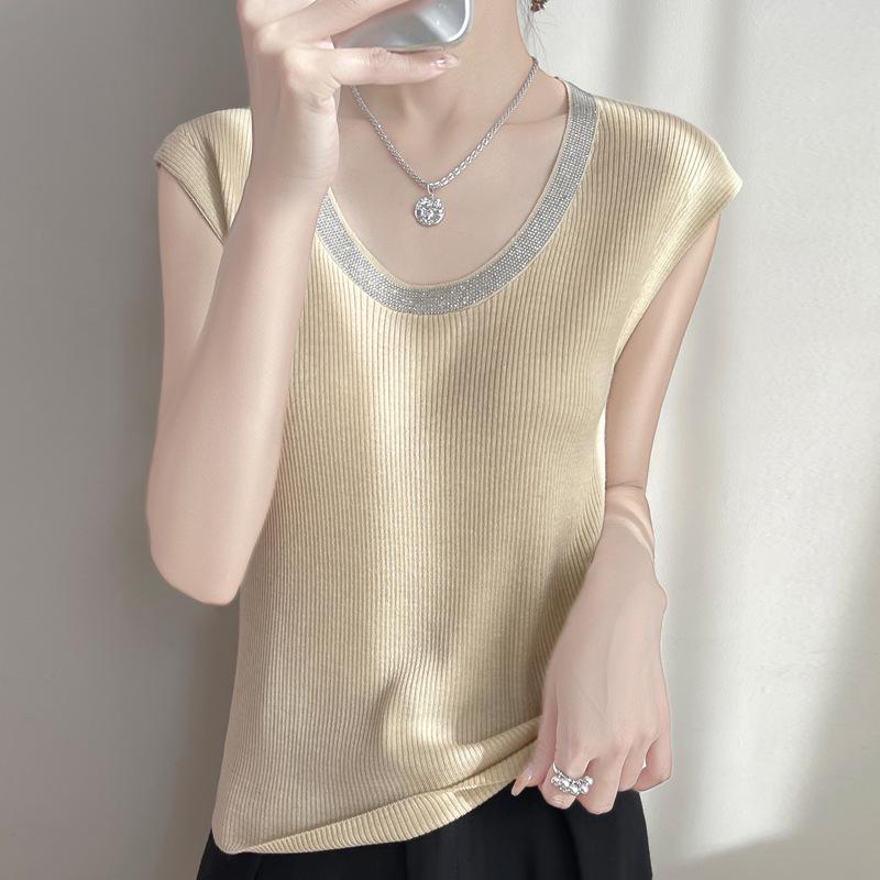 

Весна 2025 В язаний жилет з мериносової вовни з U-подібним вирізом та стразами - Вільний топ-майка без рукавів XXL бежевий