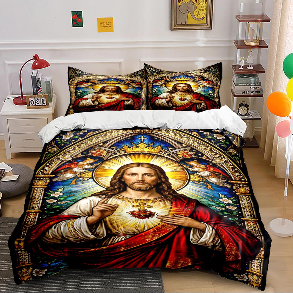 Set Biancheria da Letto Sacro Cuore di Gesù Set Biancheria da Letto con Arte Religiosa (1 copripiumino, 2 federe, piumino non incluso)