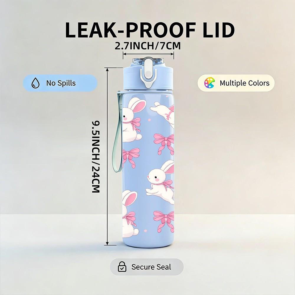 1PC Pink Bow Bunny Ribbon Pattern Print 750ml Color Plastic Sports Water Bottle Leakproof Flip Straw Lid Suitable for Sports Office Home Use