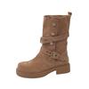British Retro Suede Medium Boots Children Thick Heel Thick Sole Belt Buckle Cowboy Boots Lapel Two Wear Spring and Autumn Short Boots