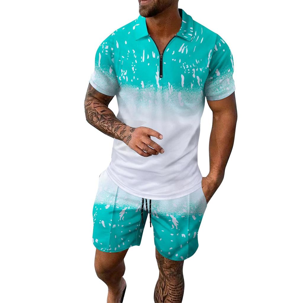 Men's Spring Printed Zipper Lapel Short Sleeve Top Shorts Suit Men's Casual Sports Suit