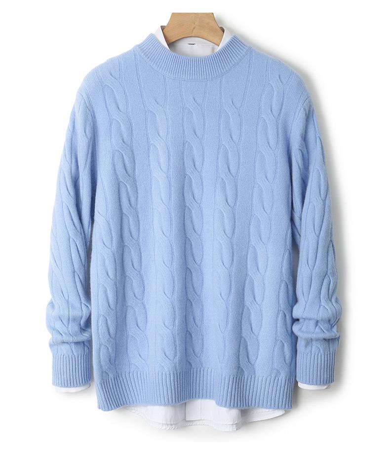 Men's Pure Wool Thick Cable Knit Sweater - Round Neck Solid Color for Autumn and Winter