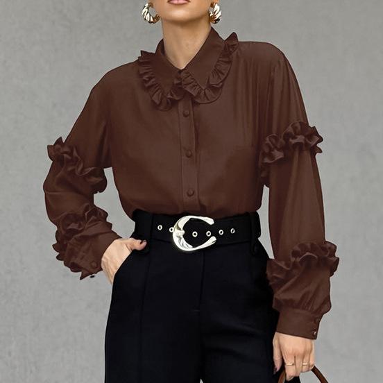 French Gentle Wind Niche Fungus Edge Brown Doll Collar Commuting Temperament Elegant Shirt Women's Fashion Casual Cardigan