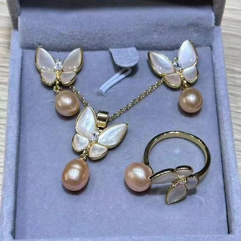 Natural Freshwater Pearls Fashion Butterfly White Shell Jewelry Set Pendant Necklace Ring Earrings Fine Wedding Jewelry