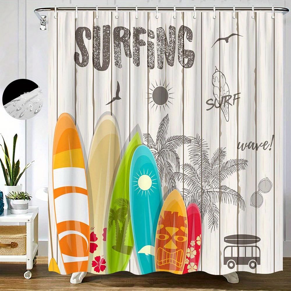 

1Pc Vibrant Surfboard Shower Curtain With Tropical Palm Tree Design – Colorful Polyester Print, 70.8X70.8 Inches, Includes Hooks W60H190(CM)-1 Pcs