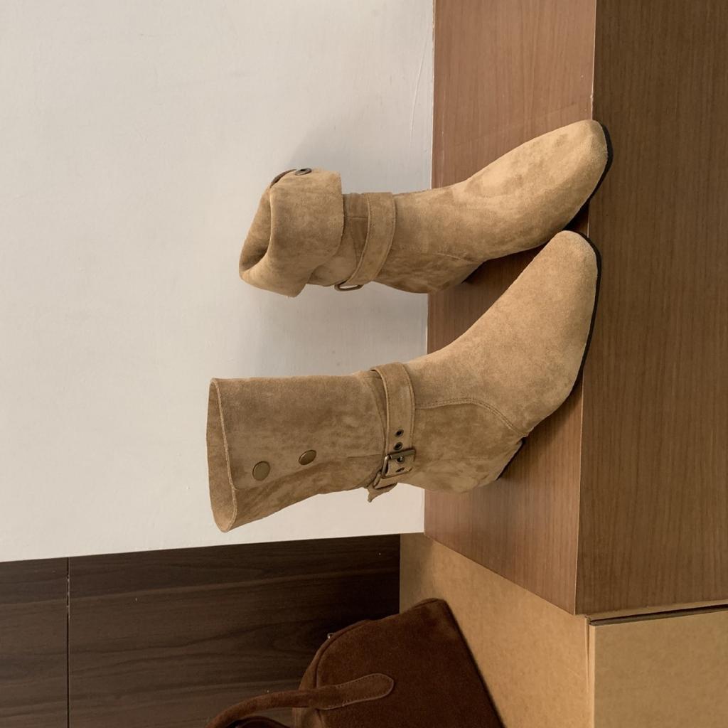 2025 Winter New Suede Low Tube Button Thick Heel Two Wear Low Tube Martin Fashion Women's Short Boots