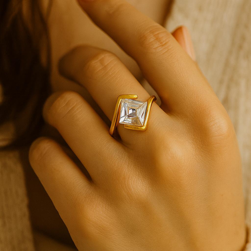 Princess Cut Moissanite Engagement Ring, Half Bezel Wave Design, Yellow Gold Plated Bridal Jewelry, Anniversary Promise Ring for Her