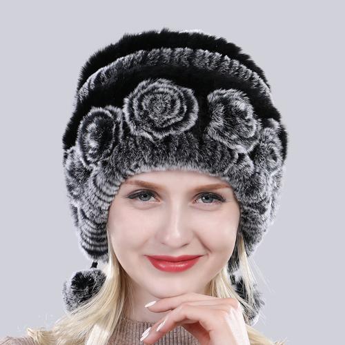 Sale Winter Women Flowers Striped Natural Real Rex Rabbit Fur Hats Lady Warm Knit Genuine Fur Caps Russian Outdoor Fur Hats