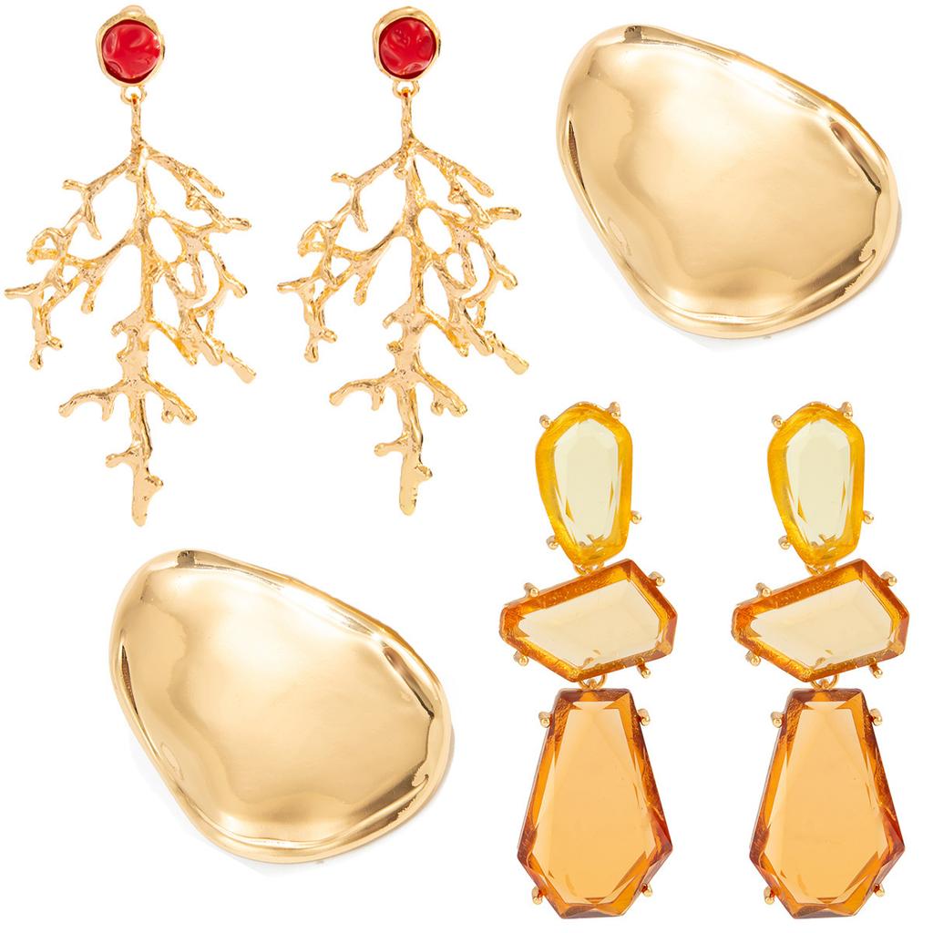 Exaggerated Metal Large Glossy Stud Earrings, Personalized Irregular Geometric Resin Gemstone Branch Earrings