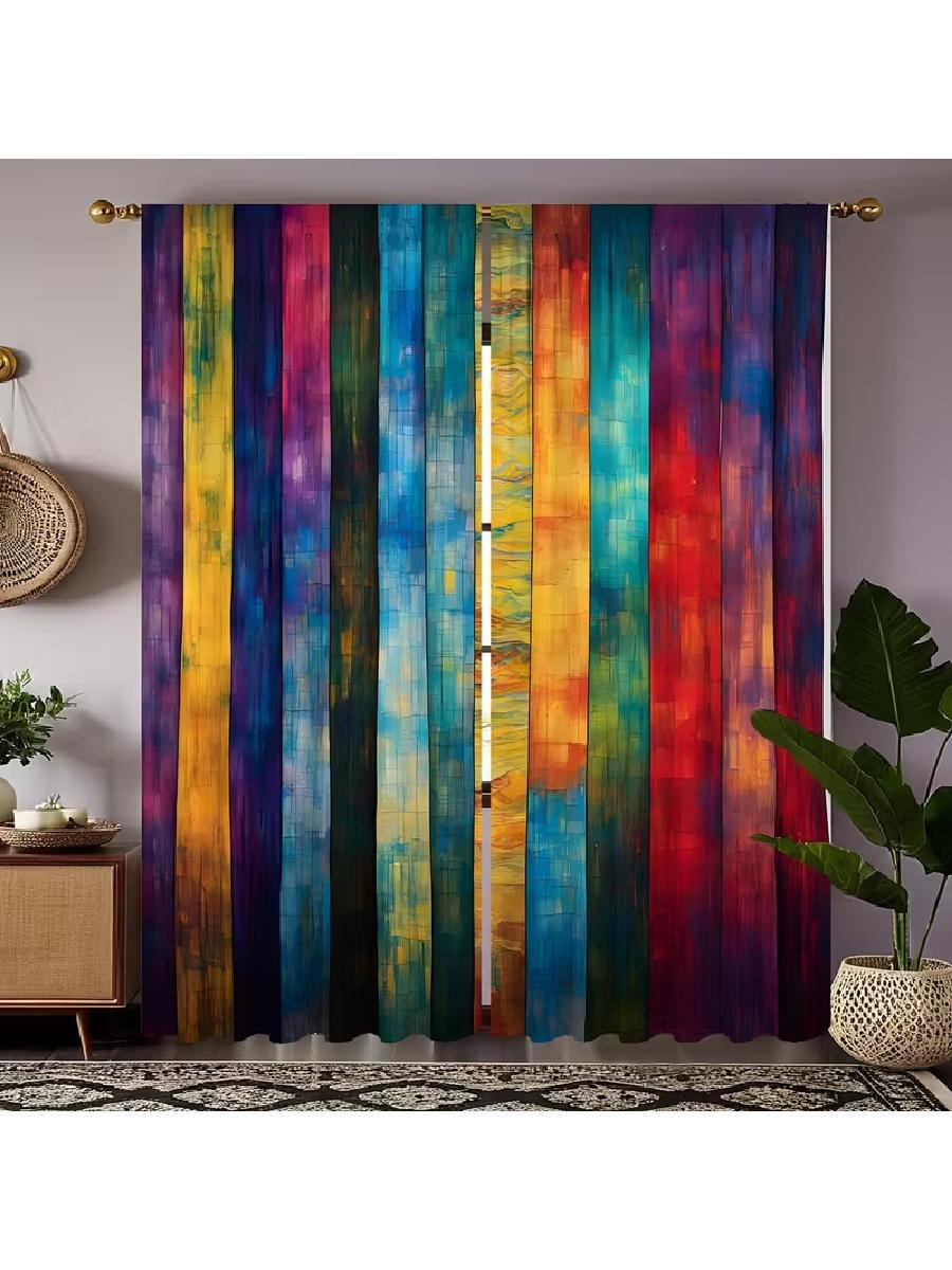

Colorful Abstract Striped Pattern Curtains Designed Light Blocking Premium Material Suitable Living Roo Curtain Set Of 2 Artistic Made Polyester W100*H70(CM)-Grommet top&2PCS