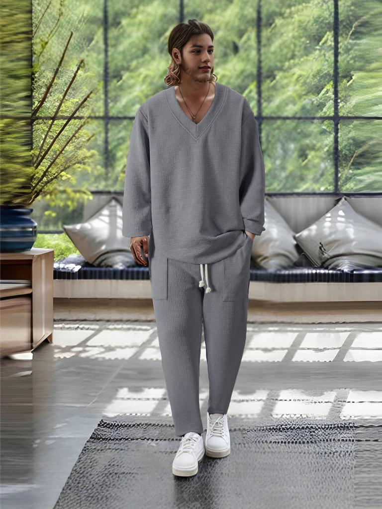 2026 Men's V-neck Casual Sports Suit: Spring/Autumn Loose Long Sleeve & Pants Set