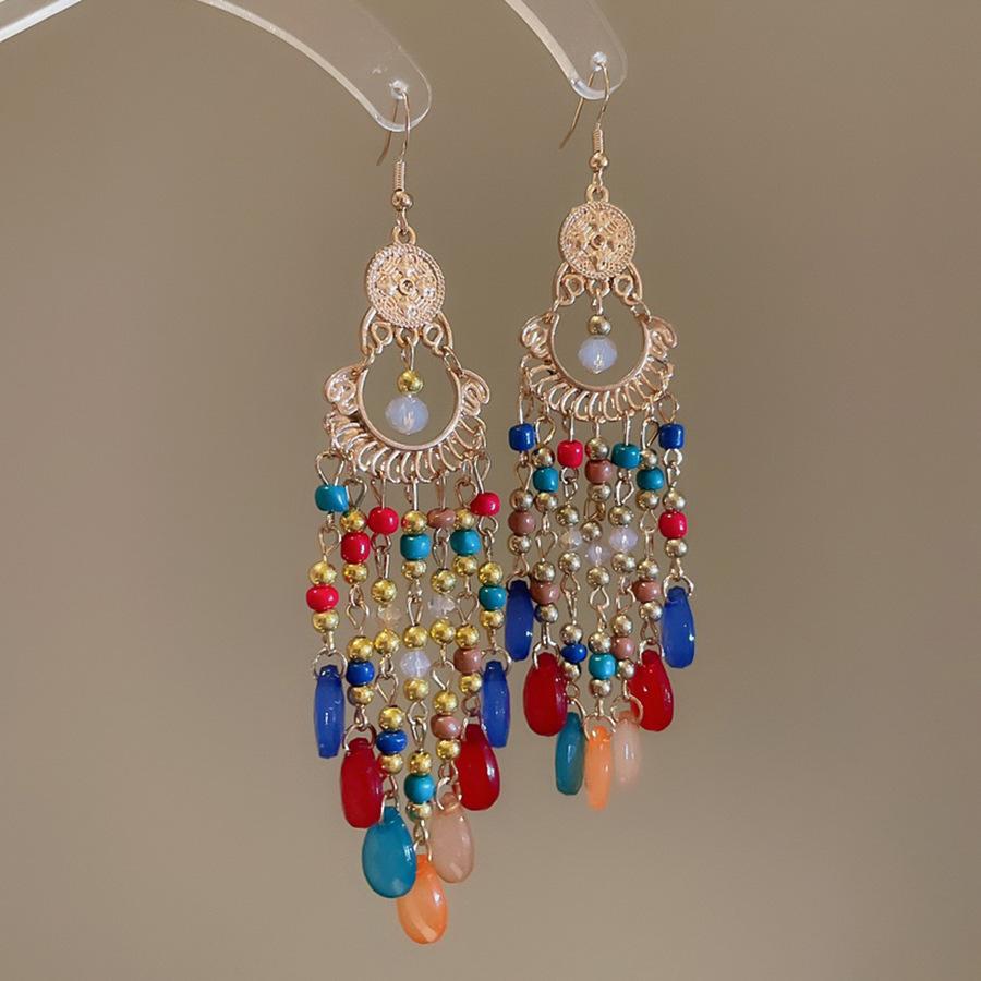 Round acrylic rice beads fringed ear hooks new retro niche design earrings fashion personality temperament earrings