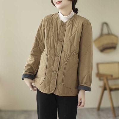 Retro Cotton Jacket Winter Quilted Warm Long-sleeved Padded Jacket Women's Solid Color Diamond Padded Jacket