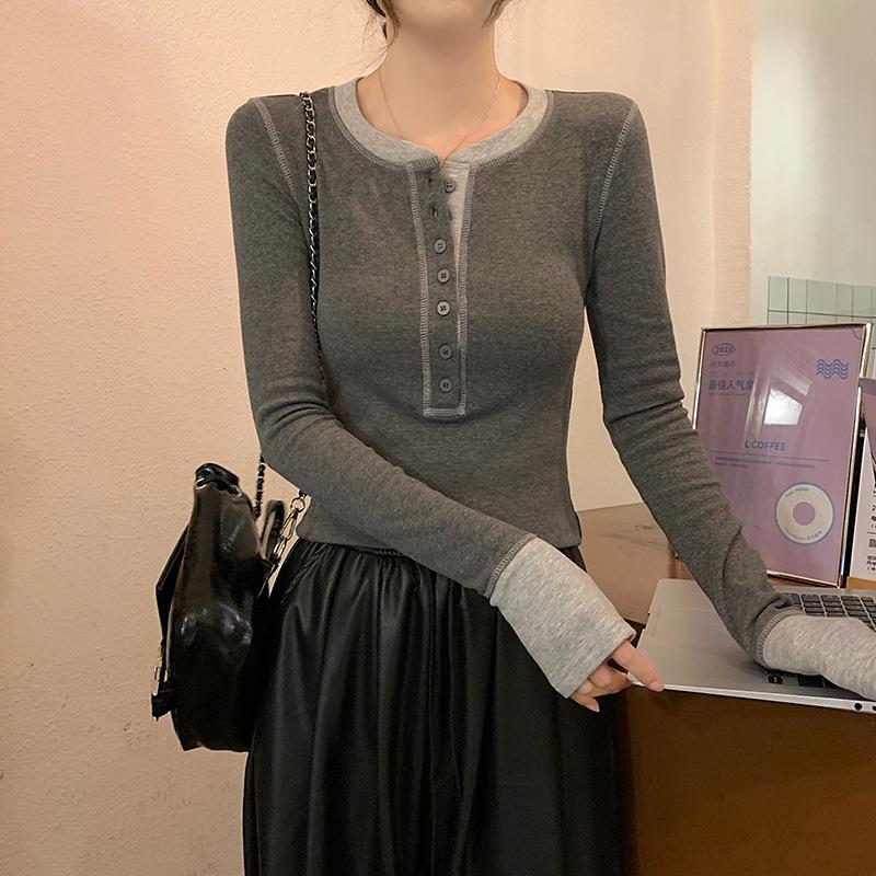 Vintage front shoulder long-sleeved T-shirt women's spring contrasting colors single-breasted slim-fit Spice girl inner top base