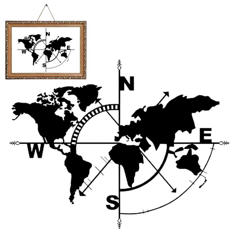 Metal World Map Wall Art Metal Compass Design Wall Decor Decorative Hanging Earth Travel Art Adventure Wall Hanging Art