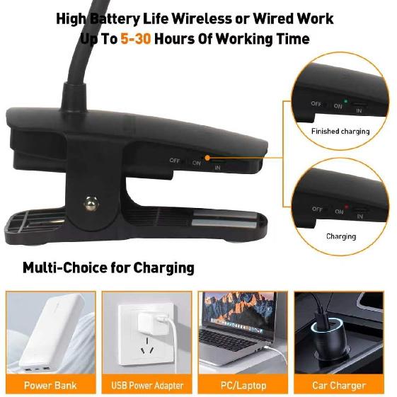 Cordless Rechargeable Clip On Desk Lamp Thick Flexible 360° Gooseneck | 450 Lumen Eye Protect Light,30 Custom Lighting Modes,5-30H Long Life Battery