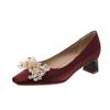 Red Square Head Wedding Shoes Women's New Satin Thick Heel High Heels Xiuhe Not Tired Feet Wedding Shoes Low Heel Bride Shoes