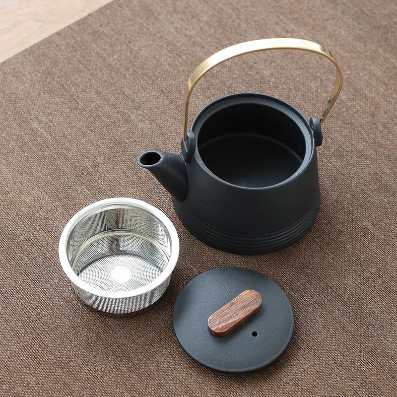 Japanese Black Pottery Tea Set with Handle Teapot, Dry Brew Tray, and Portable Bag for Home, Office, or Travel.
