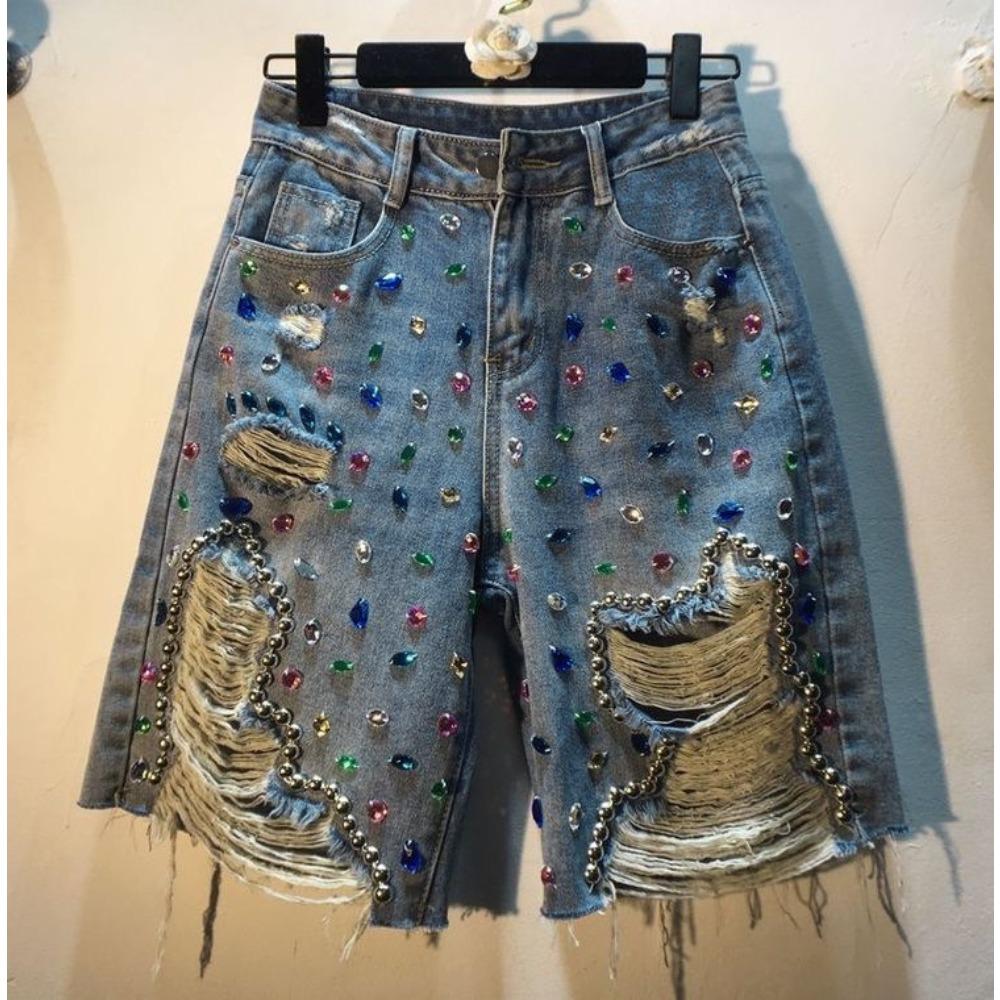 Damen Hohe Taille Gerades Bein Distressed Bunt Strasssteine Perlen Fransen Roher Saum Bermuda Jeansshorts Streetwear Jeansshorts