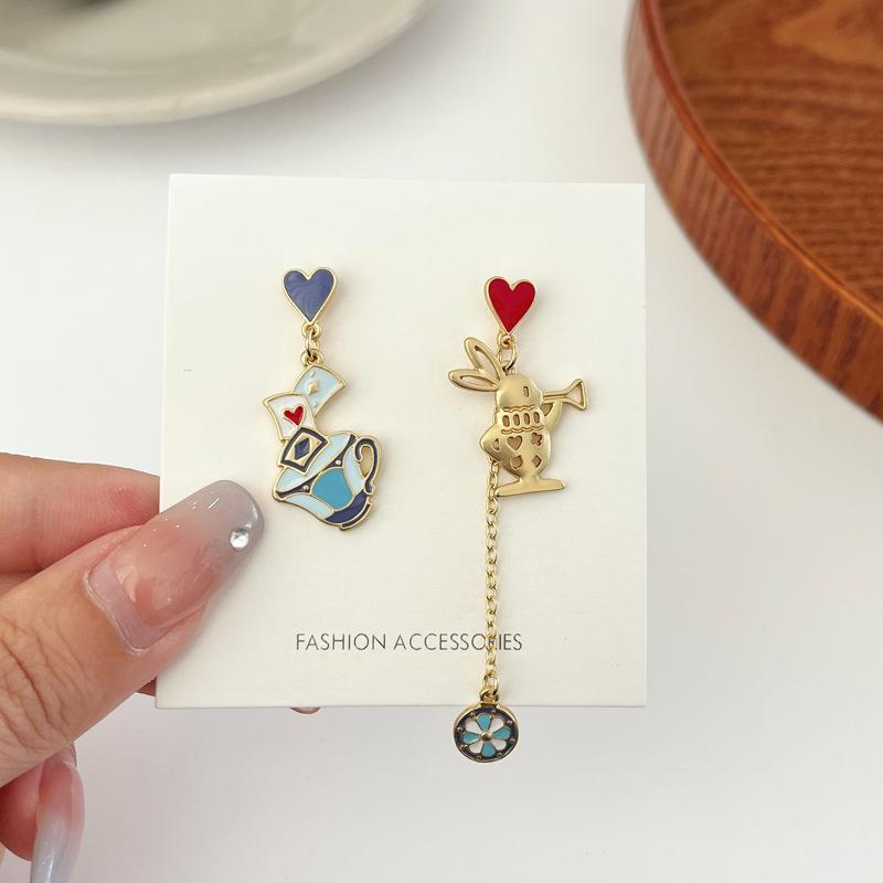 S925 Sterling Silver Asymmetrical Heart  Rabbit Earrings for Women