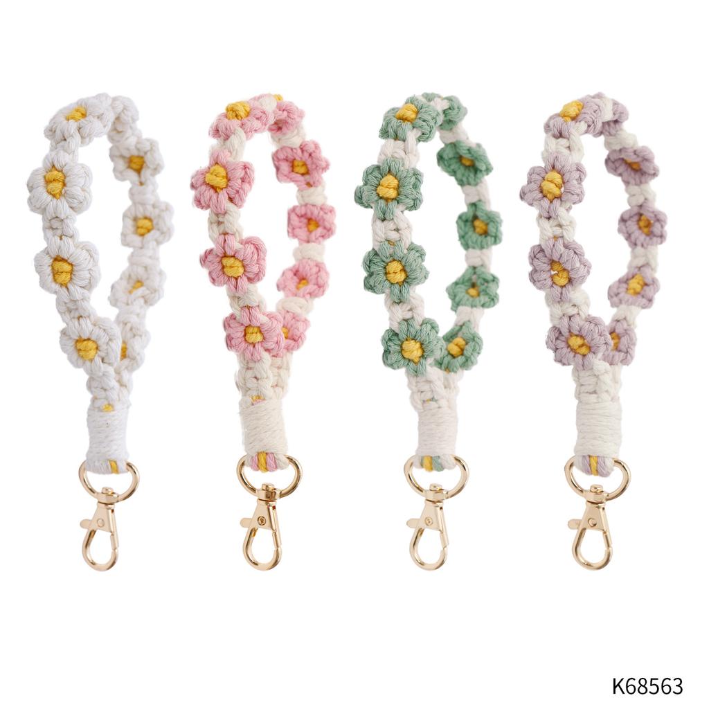 1Pc Daisy Keychain Phone Keychain Ins Key Chain Finished Keychain Braid Wrist Strap Keychain Vintage Pastoral Style Keychain