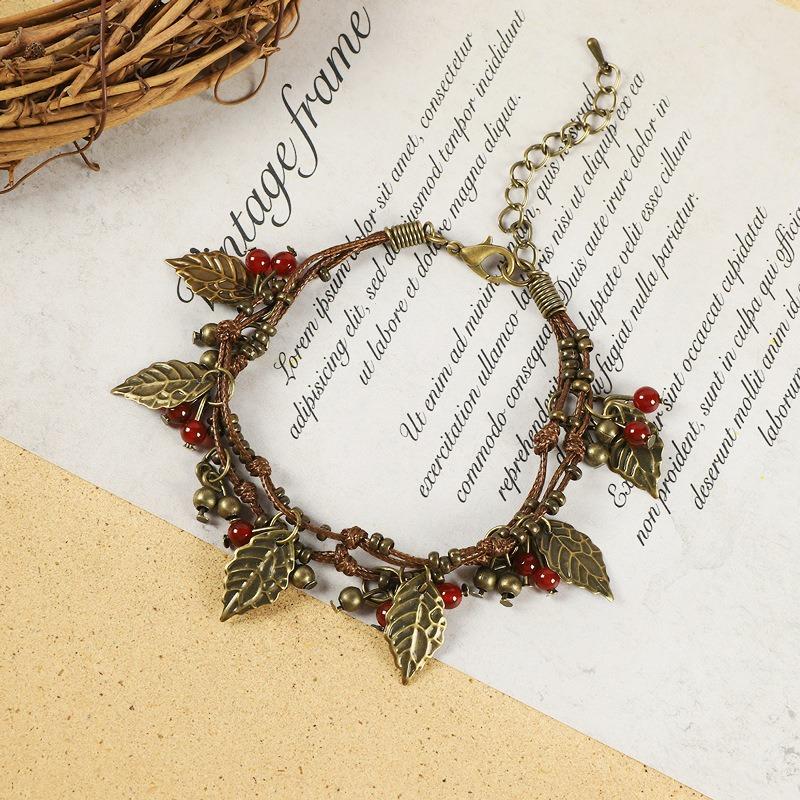 

Vintage literary leaf cherry red bracelet hand-woven agate double layer bracelet bracelet bracelet women s accessories