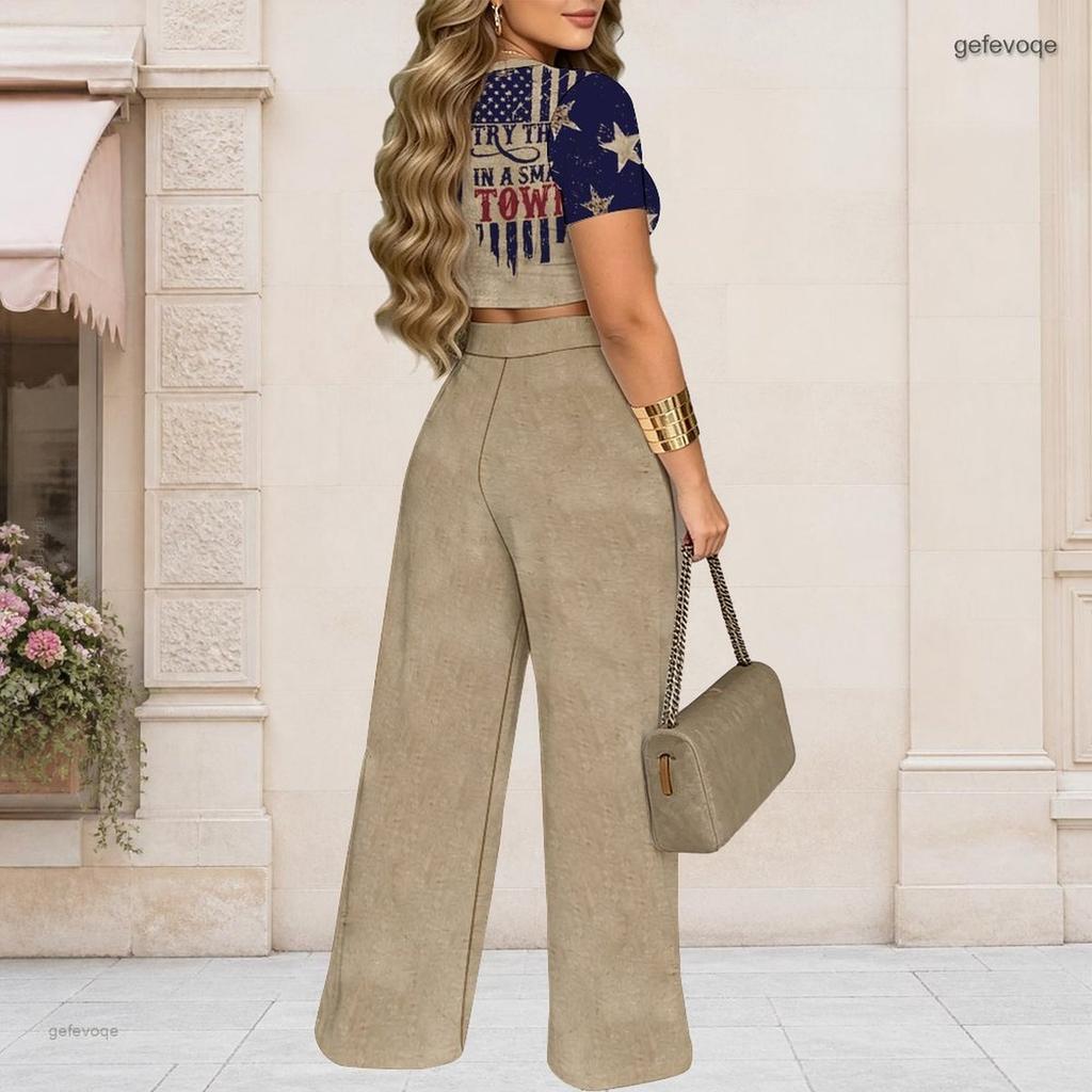 Women Plus Size Round Neck Short Sleeve Heart Printed Crop Top Wide Leg Pants Two Piece Set