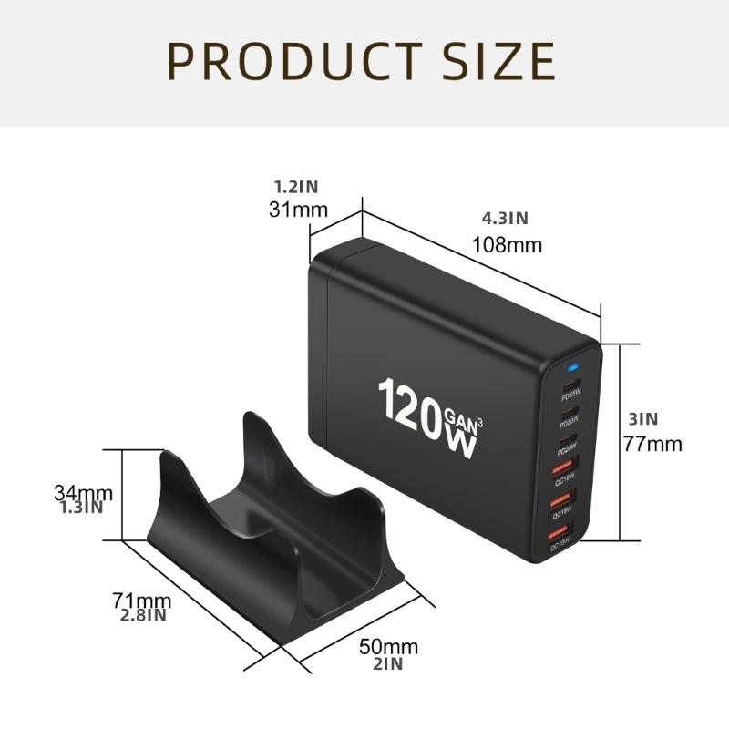 Portable 120W USB Charging Station with 6 Port, 3 Type C PD and 3 USB A for Phones Tablets Simultaneous Device Charging