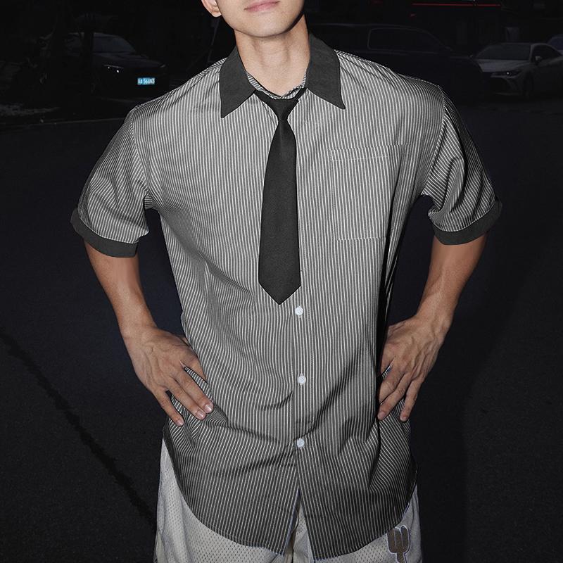 

INCERUN Oversized Men Tie Up Lapel Neck Short Sleeve Striped Casual Loose Shirts S чёрный