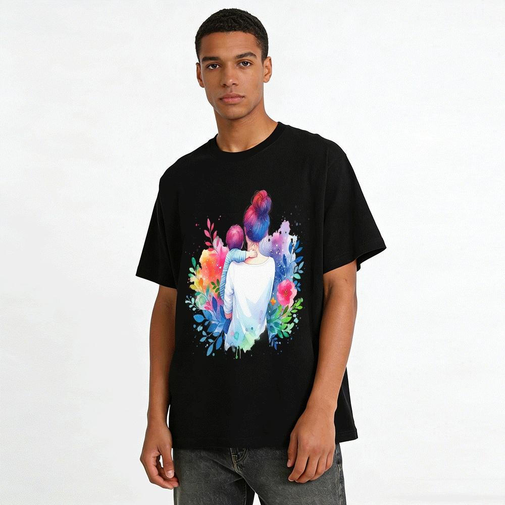 Aquarell Mutter und Kind Umarmung Druck Lässiges Oberteil Reines Baumwoll-T-Shirt