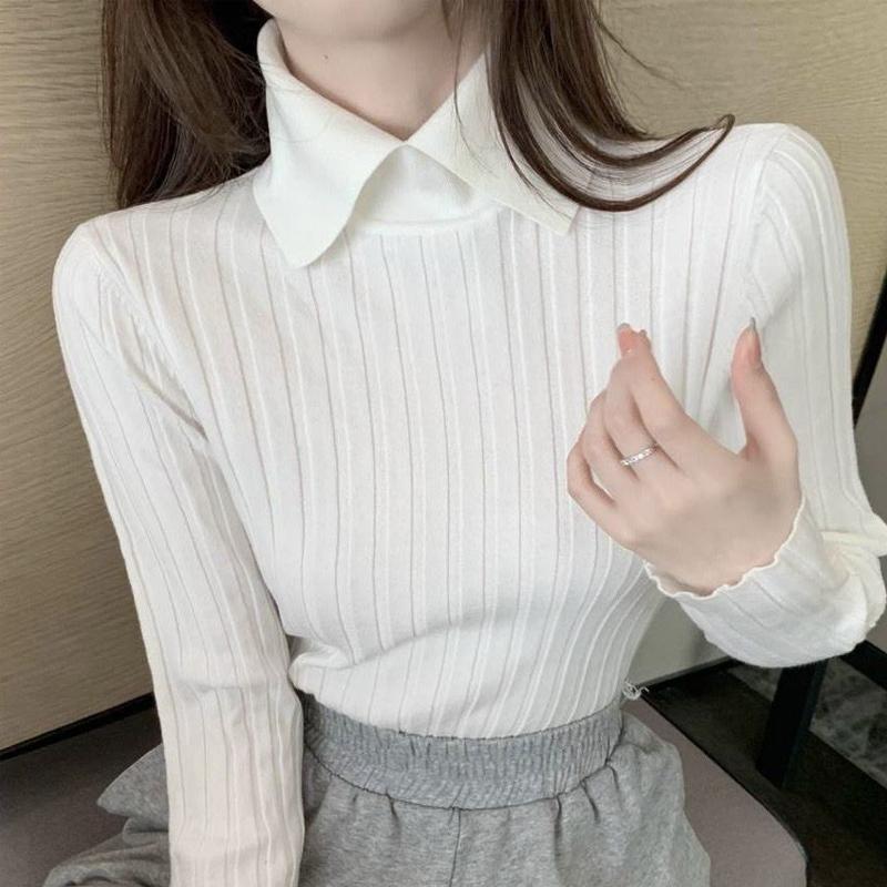 Autumn Winter Women Elegant Polo Collar Ribbed Knitted Sweater Solid Long Sleeve Slim Pullover Tops Basic Jumper Sweater
