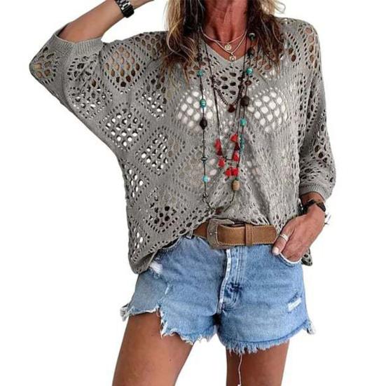 Women Tops V-Neck Three-quarter Sleeves Loose Fit Knitted Tops Pure Color Hollow Design Summer Casual Blouse