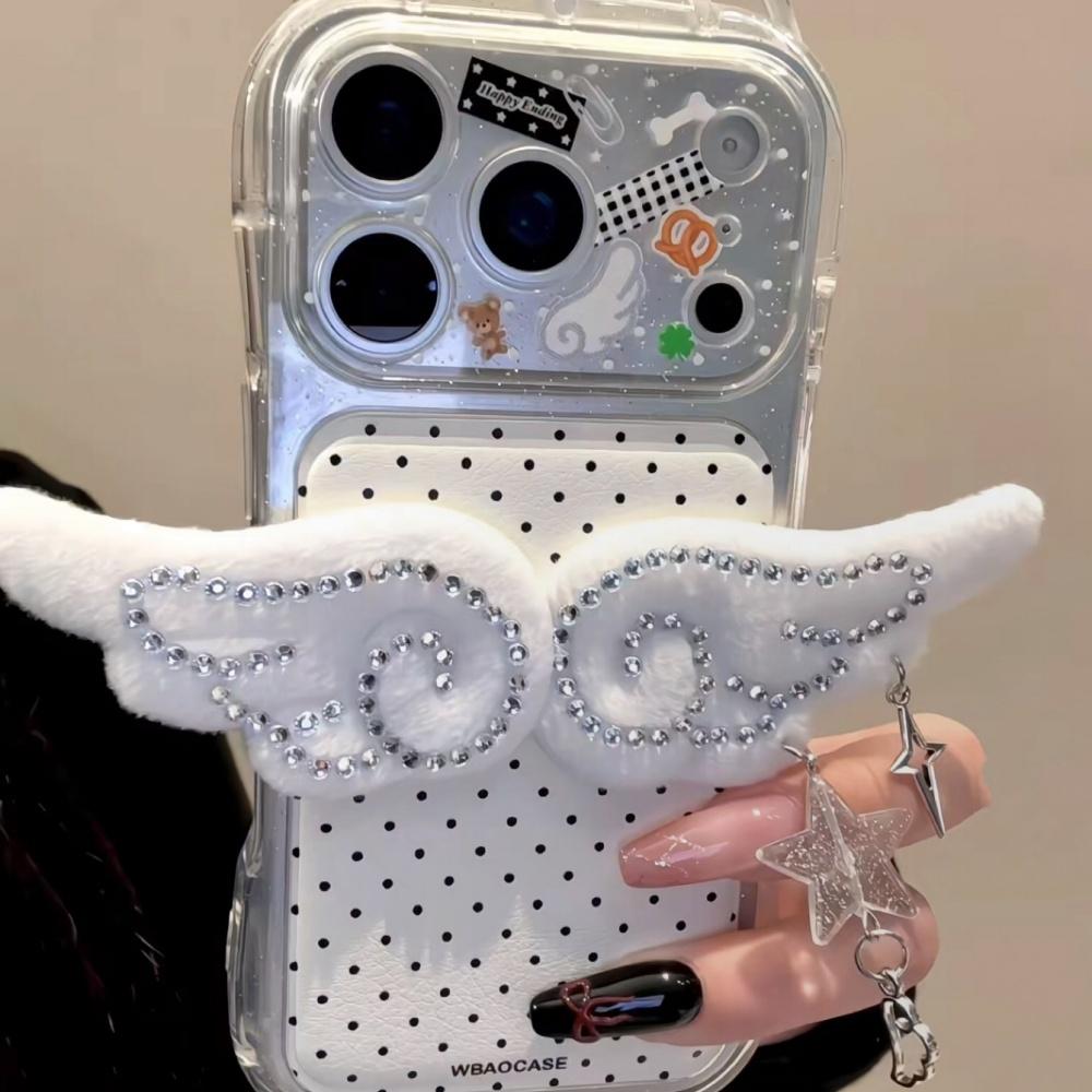 ins girl heart plush angel wings for apple 17 mobile phone case 17promax new iphone16pro women's 15 leather hard case