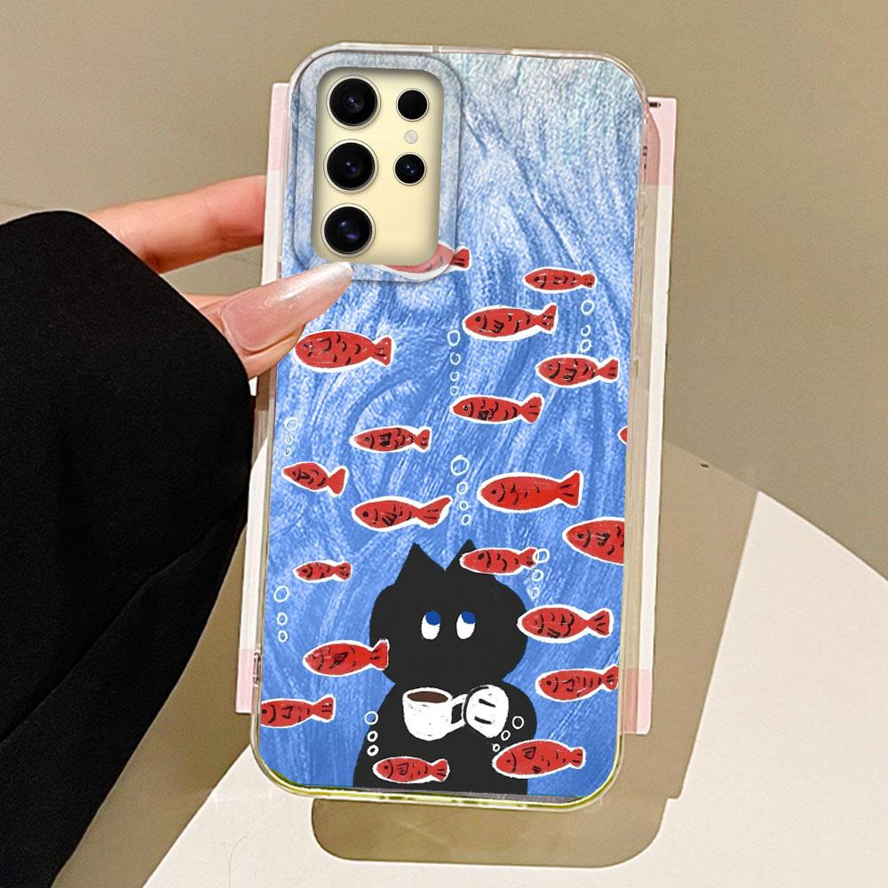 Big Headed Black Cat Circular Dots Phone Case for Samsung Galaxy S25 S24 S23 S22 S21 FE Plus Ultra Shell Silicone Back TPU Cover