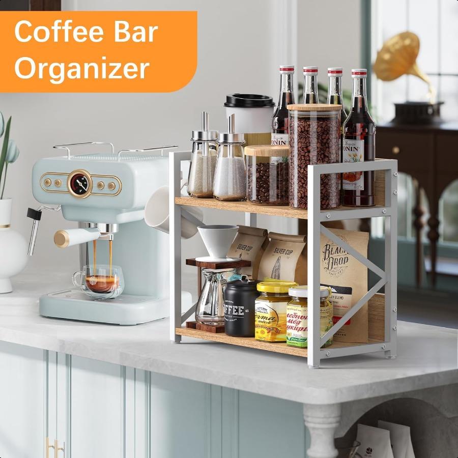 SpiceRackOrganizerShelf for Kitchen Counter 2 Tiers Coffee Bar Station Organizer for Countertop Space Saving Desk Shelving Rise