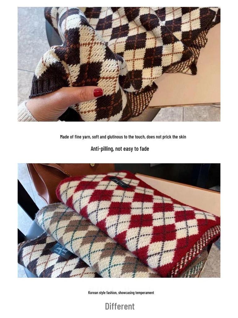 Korean Style Red Plaid Cashmere-Feel Knitted Snood for Women