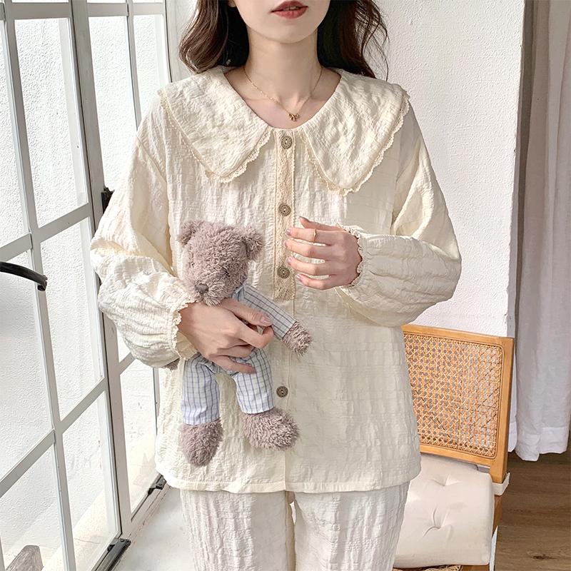 Women's Polka Dot Cloud Cotton Pajama Set - Sweet Korean Style with Large Lapel, Long Sleeves, and Pants for Spring, Autumn, and Winter.