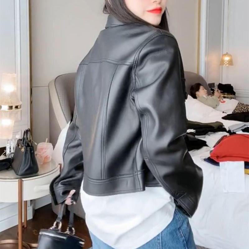 Spring and Autumn New Women's Genuine Leather Sheepskin Pocket Square Collar Short Slim Fit Motorcycle Leather Jacket