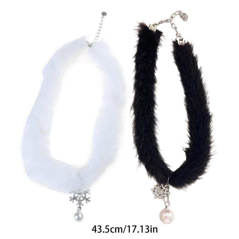 Elegant Mink Hair Plush Choker for Women Fashion Christmas Snowflake Pearl Pendant Necklace Wedding Party Jewelry Gift