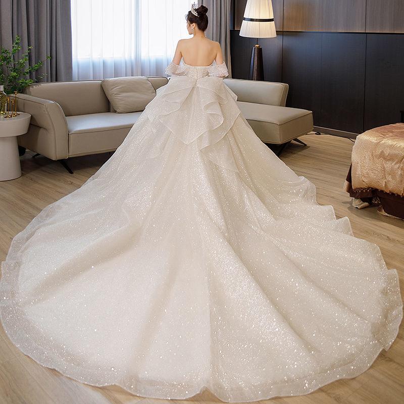 Rochie de Mireasă Fără Bretele cu Fundă Franțuzească - Rochie de Mireasă Luxoasă Strălucitoare, Rochie de Bal Prințesă din Tul cu Sclipici și Corset