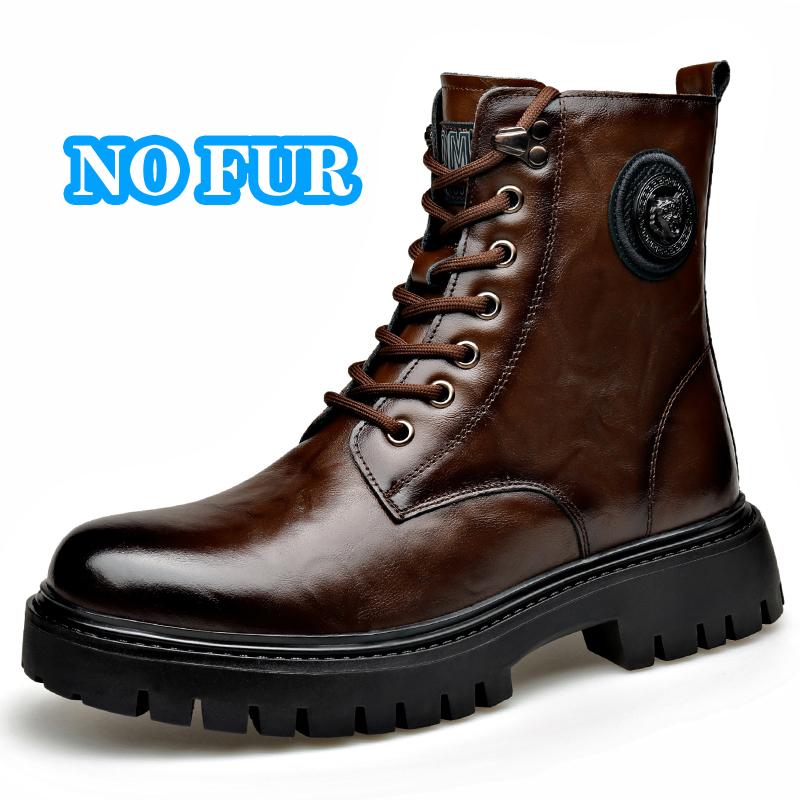 Genuine Leather Platform Boots High Top Motorcycle Shoes  Fashion Punk Mid-Calf Boots Luxury Brand Mens Winter Plush Snow Botas