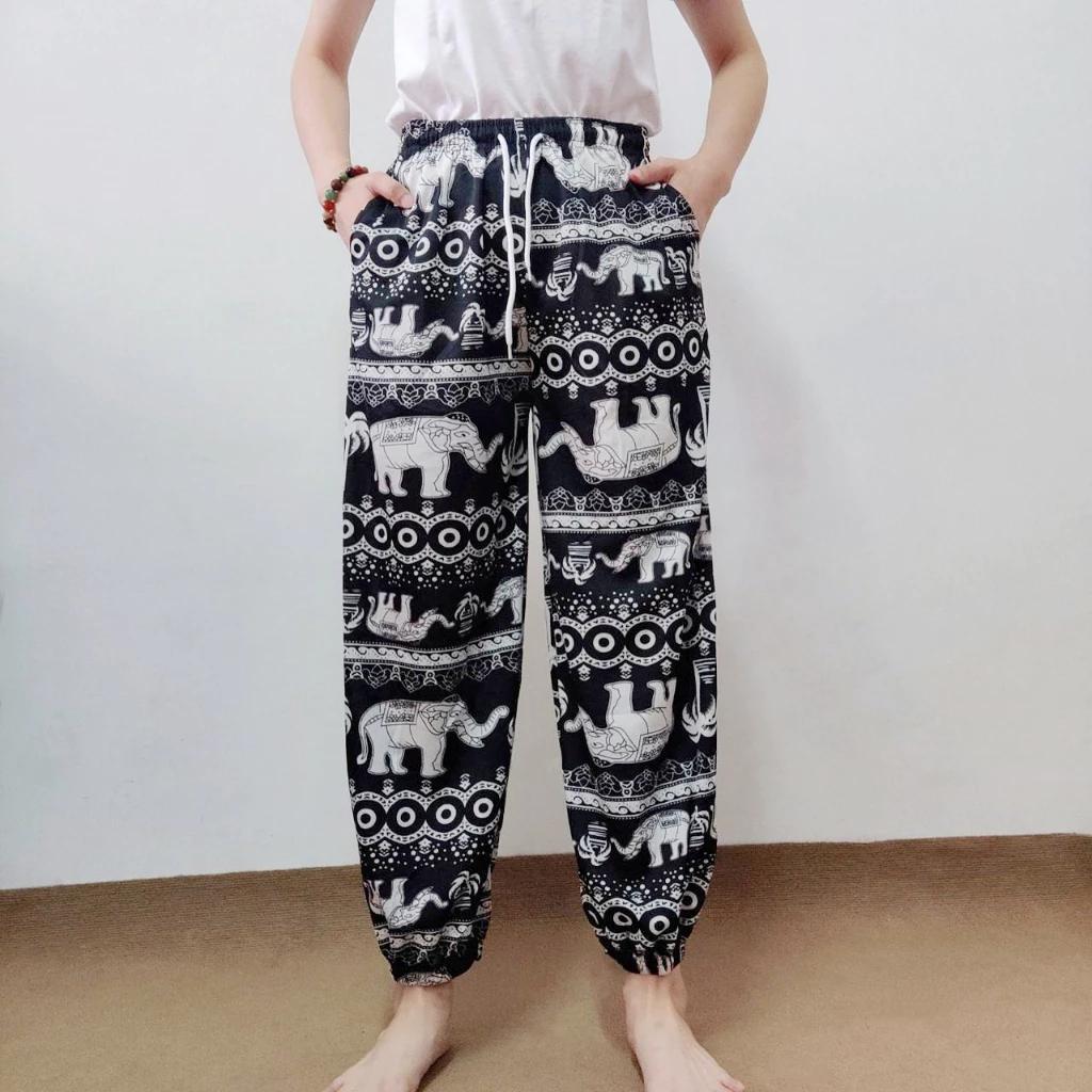 Elephant Jump Pants Pocket Adjustable Elastic High Waistband Strap Unisex Man Women Print Thailand Casual Streetwear Beach Bohemian Retro Vintage
