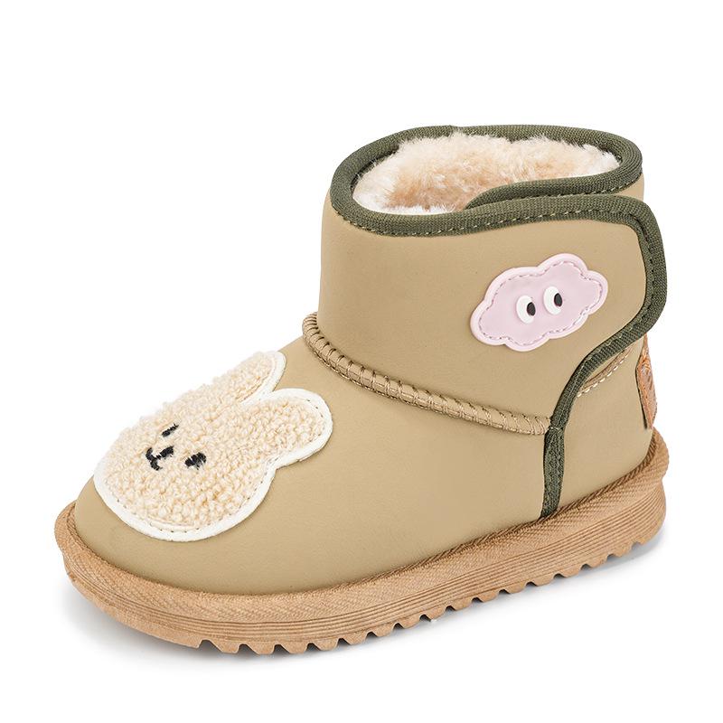 Children s Mid-Calf Snow Boots: 2025 Winter Collection - Velvet-Lined Warm Bear Design for Boys and Girls 11.5cm Inner Length, Size 17 темные хаки