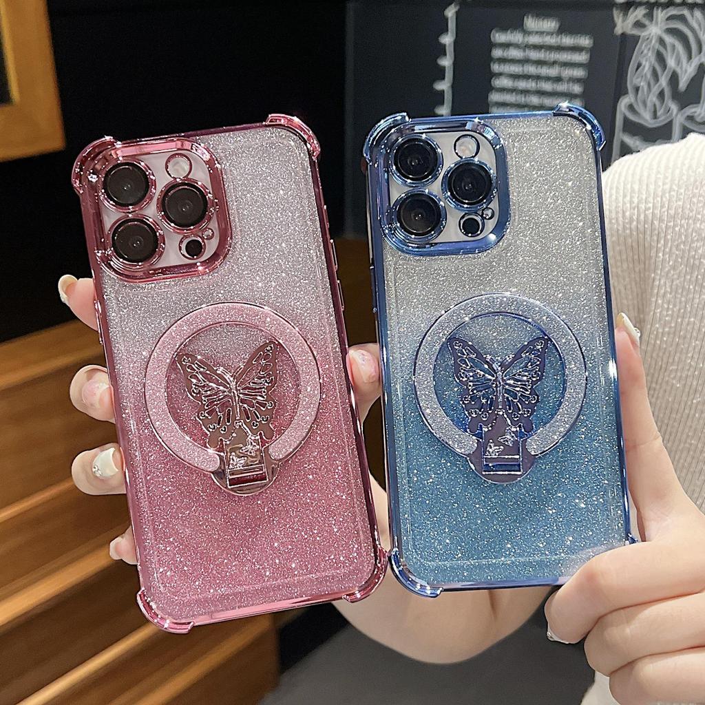 Electroplated Glitter Butterfly Stand Case for Apple 13/14/15/16 PRO Phones, Drop-Proof, Four-Corner Protection
